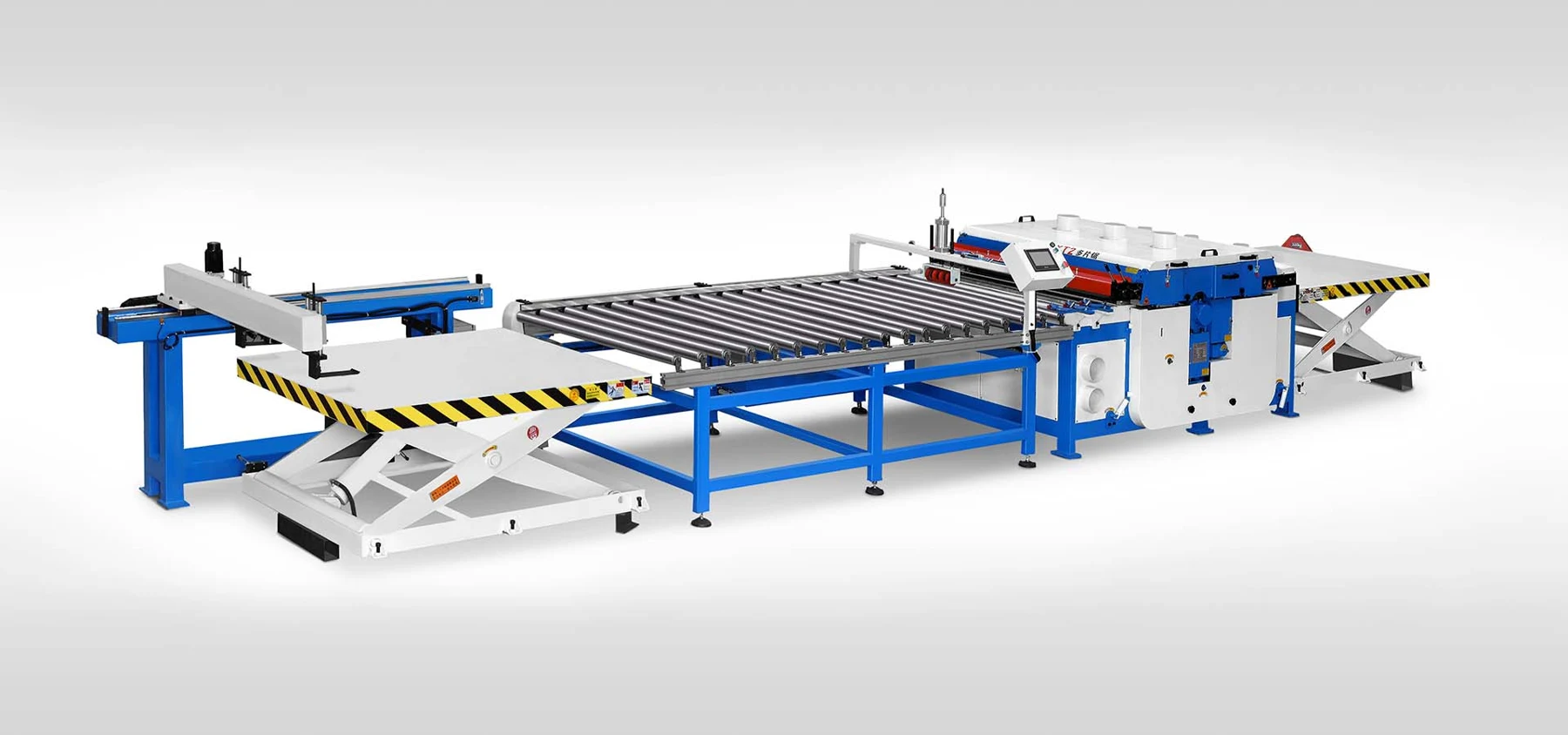 OMAC MJZD1300-L automatic multiple blade saw line with roller conveyors